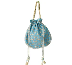 Sky Blue Golden Chevron Potli Bag
