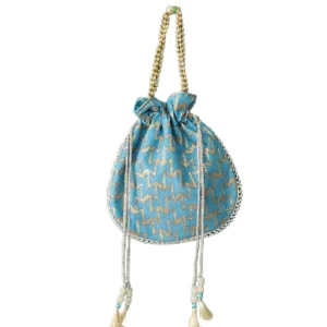 Sky Blue Golden Chevron Potli Bag