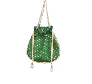 Emerald Green Golden Motif Pearl Potli Bag