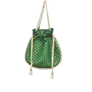 Emerald Green Golden Motif Pearl Potli Bag