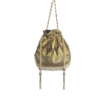 Mustard Brocade Silver Chain Potli