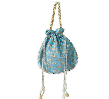 Sky Blue Golden Chevron Potli Bag